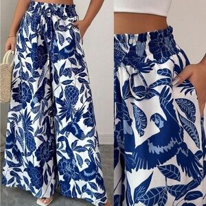 Boho Blue White Tropical Print Wide Leg Palazzo Pants